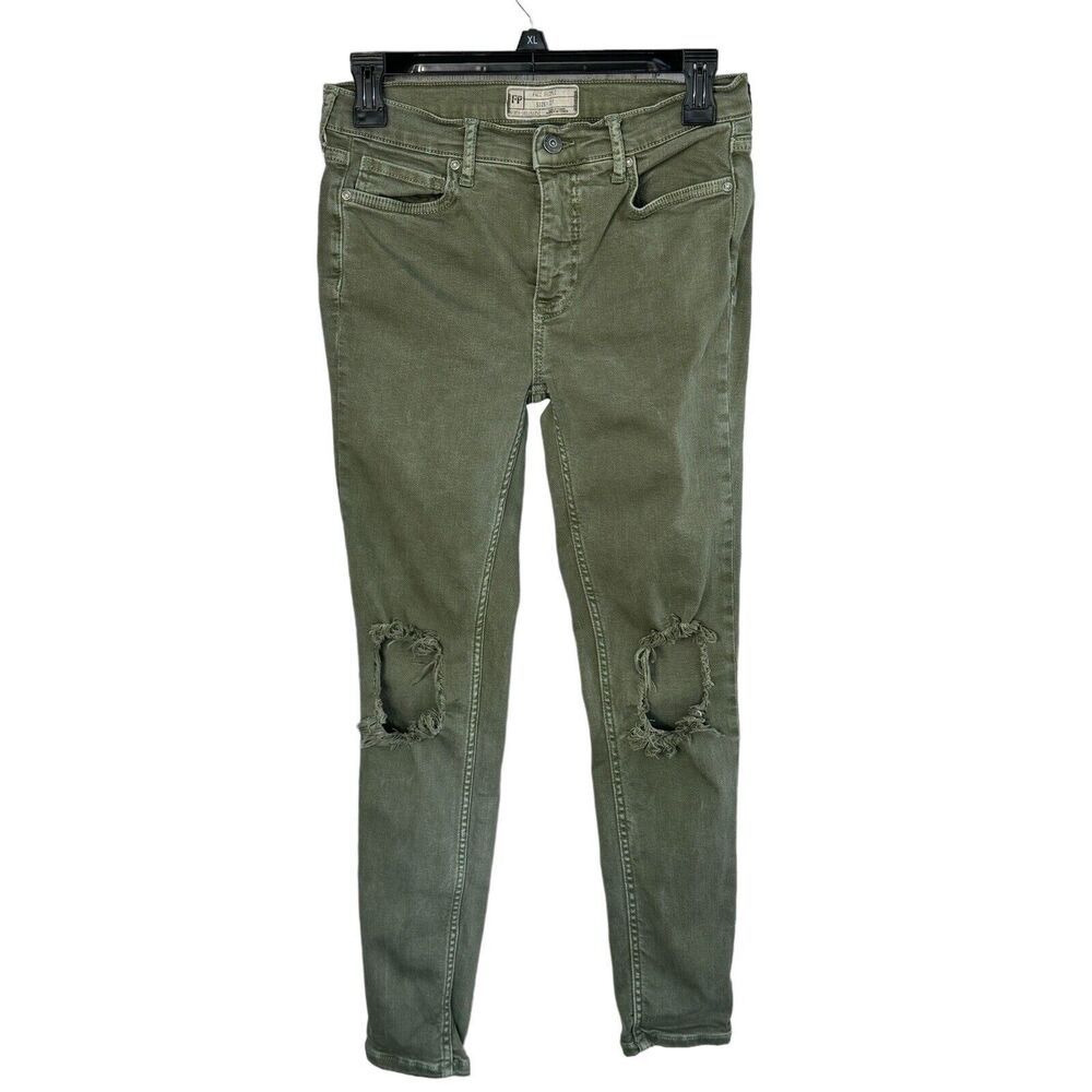 Free People SZ 27 Skinny Jeans Hi-Rise Distressed/Rips Stretch Zip Olive Green